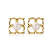 925 Sterling Silver Stud Earrings, with Plastic Pearl, Clover, plated, for woman, more colors for choice, 8mm, Sold By Pair