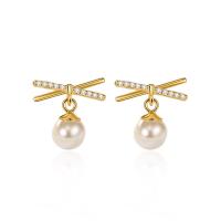 925 Sterling Silver Stud Earrings, with Plastic Pearl, plated, micro pave rhinestone & for woman, more colors for choice, 13mm, Sold By Pair