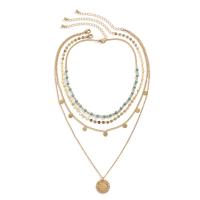 Iron Necklace, with brass chain & turquoise & Tibetan Style, with 2.7inch extender chain, Flat Round, gold color plated, multilayer & for woman, Length:Approx 13.7 Inch, Sold By PC