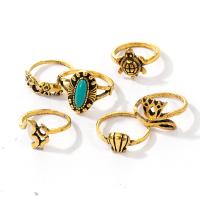 Cink Alloy Ring Set, Cink ötvözet, -val türkiz, arany színű aranyozott, 6 darab & divat ékszerek & a nő, aranysárga, 17mm, Által értékesített Set