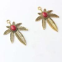 Tibetan Style Leaf Pendants, with Resin, Maple Leaf, antique gold color plated, DIY, red, nickel, lead & cadmium free, 38x53mm, Approx 100PCs/Bag, Sold By Bag