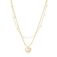 Multi Layer Necklace, Titanium Steel, with Plastic Pearl, with 1.97inch extender chain, Heart, plated, Double Layer & fashion jewelry & for woman, golden, Sold Per Approx 15.75 Inch, Approx 17.32 Inch Strand
