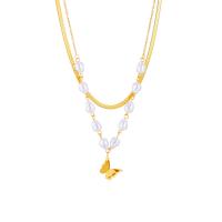 Multi Layer Necklace, Titanium Steel, with Plastic Pearl, with 1.97inch extender chain, Butterfly, plated, Double Layer & fashion jewelry & for woman, golden, 15x12mm, Sold Per Approx 13.78 Inch, Approx 15.75 Inch Strand