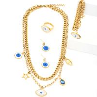Evil Eye Jewelry Set Stud Earring & finger ring & bracelet & necklace Titanium Steel plated 4 pieces & for woman & with rhinestone gold nickel lead & cadmium free Sold By Set