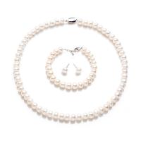 Natural Cultured Freshwater Pearl Jewelry Sets, Stud Earring & bracelet & necklace, with Brass, three pieces & fashion jewelry & for woman, white, 8-9mm, Length:Approx 40 cm, Approx 18 cm, Sold By Set