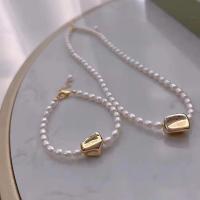 Natural Cultured Freshwater Pearl Jewelry Sets, bracelet & necklace, with Brass, with 5cm extender chain, 2 pieces & fashion jewelry & for woman, white, Length:Approx 40 cm, Approx 18 cm, Sold By Set