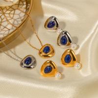 Fashion Stainless Steel Jewelry Sets 304 Stainless Steel with Lapis Lazuli & Plastic Pearl with 1.97inch extender chain Vacuum Ion Plating fashion jewelry & for woman 17.8*21.4mm 17.7*15.5mm u6807 Length Approx 16.54 Inch Sold By PC