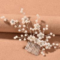 Decorative Hair Combs, Iron, with Plastic Pearl, fashion jewelry & for woman & with rhinestone, white, nickel, lead & cadmium free, 160x100mm, Sold By PC
