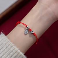 925 Sterling Silver Bangle Bracelet, with Wax Cord, handmade, for woman, red, Length:Approx 24 cm, Sold By PC