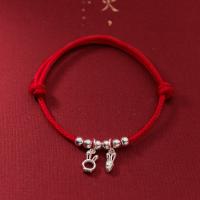 925 Sterling Silver Bangle Bracelet, with Wax Cord, plated, for woman, red, Length:Approx 24 cm, Sold By PC