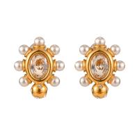 Stainless Steel Stud Earrings, 304 Stainless Steel, with Plastic Pearl, 18K gold plated, fashion jewelry & micro pave cubic zirconia & for woman, golden, 13.80x13.60mm, Sold By Pair