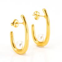 304 rostfritt stål Stud Earring, med Plast Pearl, Brev U, 18K guldpläterad, mode smycken & för kvinna, 12x30mm, Säljs av Par