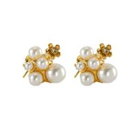 304 Stainless Steel Stud Earring, with Plastic Pearl, 18K gold plated, fashion jewelry & for woman & with rhinestone, 13x14mm, Sold By Pair