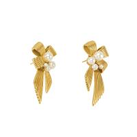 304 Stainless Steel Stud Earring with Plastic Pearl Bowknot 18K gold plated fashion jewelry & for woman Sold By Pair