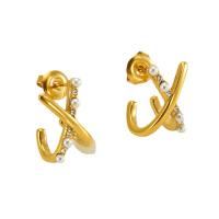 304 Stainless Steel Stud Earring with Plastic Pearl Letter X 18K gold plated fashion jewelry & micro pave cubic zirconia & for woman Sold By Pair