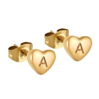 304 Stainless Steel Stud Earring, Heart, 18K gold plated, different designs for choice & with letter pattern & for woman, 7x8mm, Sold By Pair