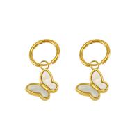 304 Stainless Steel Huggie Hoop Drop Earring, with White Shell, Butterfly, 18K gold plated, fashion jewelry & for woman, 16x32mm, Sold By Pair