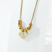 Titanium Steel Necklace, with Shell, with 5cm extender chain, Heart, Vacuum Ion Plating, fashion jewelry & for woman & with rhinestone, golden, nickel, lead & cadmium free, 14x12.50mm, Length:Approx 40 cm, Sold By PC