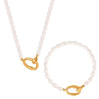 Natural Cultured Freshwater Pearl Jewelry Sets, with Titanium Steel, fashion jewelry & different styles for choice & for woman, golden, 13x20mm, Length:Approx 15.75 Inch, Approx 7.48 Inch, Sold By PC