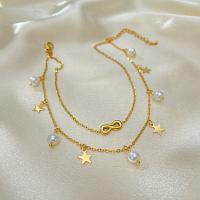Fashion Jewelry Anklet, Titanium Steel, with Plastic Pearl, with 6cm extender chain, Star, Double Layer & for woman, nickel, lead & cadmium free, Length:Approx 21 cm, Sold By PC