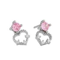 925 Sterling Silver Stud Earrings Heart plated micro pave cubic zirconia & for woman silver color 9mm Sold By Pair