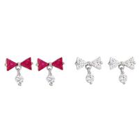 925 Sterling Silver Stud Earrings Bowknot plated micro pave rhinestone & for woman 9mm Sold By Pair