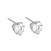 925 Sterling Silver Stud Earrings, Heart, plated, fashion jewelry & micro pave cubic zirconia & for woman, silver color, 6mm, Sold By Pair