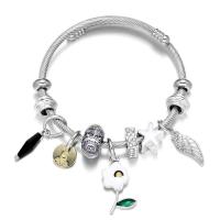 European Bracelet, Titanium Steel, with Brass & Tibetan Style, Flower, plated, fashion jewelry & Unisex & enamel & with rhinestone, more colors for choice, inner diameter:55~68mm, Sold By PC