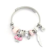 European Bracelet Titanium Steel with Glass & Plastic Pearl & Zinc Alloy Butterfly silver color plated fashion jewelry & Unisex & with rhinestone inner ~68mm Sold By PC