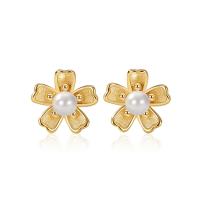925 Sterling Silver Stud Earrings, with Plastic Pearl, Flower, polished, for woman, more colors for choice, Sold By Pair