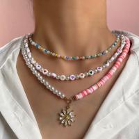 Zinc Alloy Jewelry Necklace with Seedbead & Polymer Clay & Plastic Pearl gold color plated fashion jewelry & multilayer & for woman & with rhinestone mixed colors Sold By PC