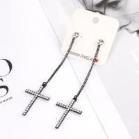 Tibetan Style Stud Earring, Cross, stoving varnish, fashion jewelry & for woman & with rhinestone, black, nickel, lead & cadmium free, 105mm,25x35mm, Sold By Pair