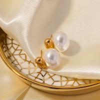 Stainless Steel Stud Earrings 304 Stainless Steel with Shell Pearl Vacuum Ion Plating fashion jewelry & for woman golden Sold By Pair