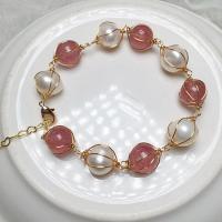 Zinc Alloy Bracelet with Freshwater Pearl & Strawberry Quartz gold color plated for woman pink Length Approx 38 cm Sold By PC