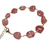 Bracelet en alliage de zinc, avec Strawberry Quartz, Placage de couleur d'or, pour femme, rose, 3x15mm, Longueur:Environ 38 cm, Vendu par PC