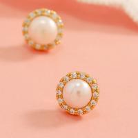 Brass Stud Earring, with Plastic Pearl, Round, gold color plated, for woman & with rhinestone, white, 10mm, Sold By Pair