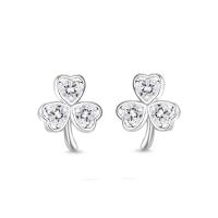 925 Sterling Silver Stud Earring, Three Leaf Clover, fashion jewelry & for woman & with rhinestone, silver color, 8.30x9.70mm, Sold By Pair