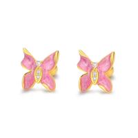 925 Sterling Silver Stud Earring, Butterfly, plated, for woman & enamel & with rhinestone, more colors for choice, 9.20x9.60mm, Sold By Pair