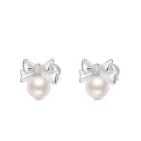 925 Sterling Silver Stud Earring, with Plastic Pearl, Bowknot, fashion jewelry & for woman, silver color, 8x8mm, Sold By Pair