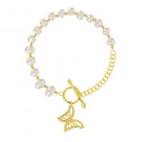 Bracelet en perles de culture d'eau douce, perle d'eau douce cultivée, avec laiton, Placage de couleur d'or, bijoux de mode & pour femme & avec strass, blanc, Longueur:Environ 16.5 cm, Vendu par PC