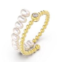 Freshwater Pearl Finger Ring, with Brass, gold color plated, fashion jewelry & for woman & with rhinestone, white, 3-3.5mm,3mm, Sold By PC