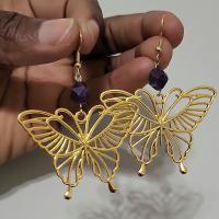 Tibetan Style Drop Earrings, with Amethyst, Butterfly, gold color plated, fashion jewelry & for woman & hollow, nickel, lead & cadmium free, 95x30mm, Sold By Pair