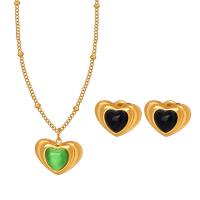 Jewelry Sets Titanium Steel with Glass Stone & Cats Eye with 1.97inch extender chain Heart Vacuum Ion Plating fashion jewelry & for woman golden Length Approx 15.75 Inch Sold By PC