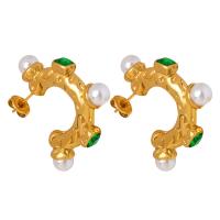 Titanium Steel  Earring with Glass Stone & Plastic Pearl Vacuum Ion Plating fashion jewelry & for woman Sold By Pair