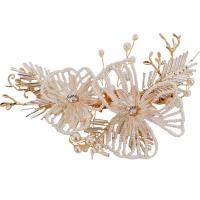 Haarschmuck DIY Ergebnisse, Zinklegierung, mit Kunststoff Perlen, Blume, goldfarben plattiert, für Braut & mit Strass, weiß, 130x50mm, verkauft von PC