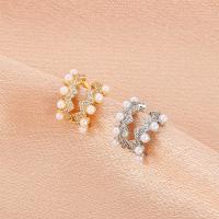 Zinc Alloy Earring Clip with Plastic Pearl fashion jewelry & micro pave cubic zirconia & for woman nickel lead & cadmium free 11mm Sold By PC