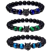 Gemstone Bracelets, Obsidian, with Lava & Tiger Eye & Brass, Wolf, handmade, fashion jewelry & micro pave cubic zirconia & for man, more colors for choice, 8mm, Length:Approx 19 cm, Sold By PC