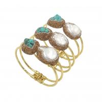 Brass Bracelet & Bangle, with turquoise & pearl, gold color plated, fashion jewelry & micro pave cubic zirconia & for woman, nickel, lead & cadmium free, 8-12x13-16mm,14-16x20-24mm, Inner Diameter:Approx 65mm, Sold By PC