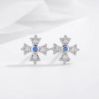 925 Sterling Silver Stud Earrings Cross plated micro pave rhinestone & for woman silver color Sold By PC