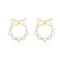 925 Sterling Silver Stud Earrings with Plastic Pearl Bowknot plated for woman & epoxy gel Sold By Pair